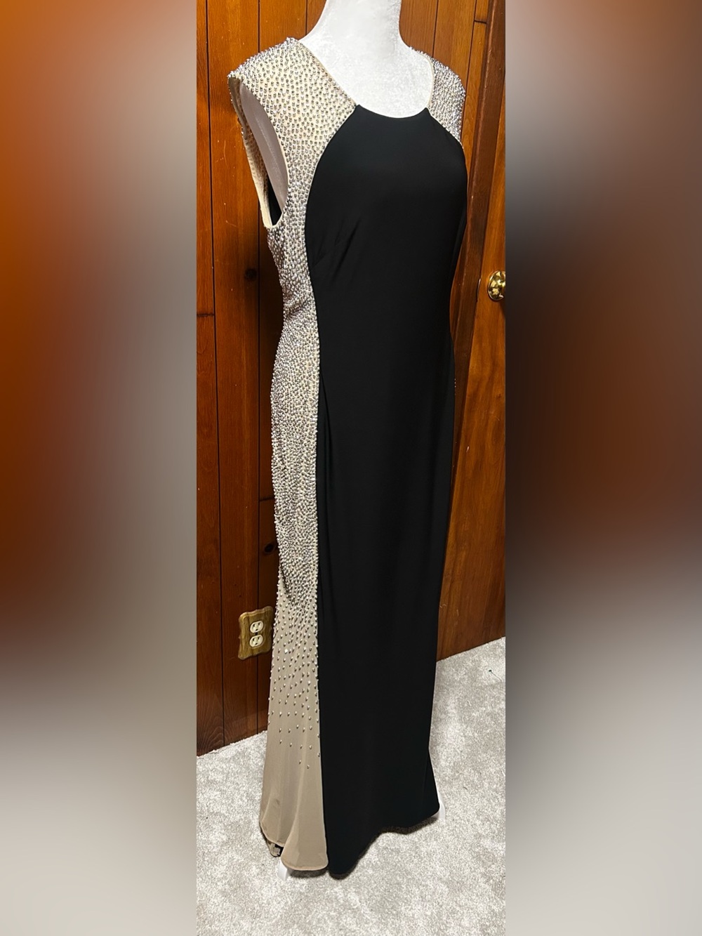 Xscape Black Evening Formal Dress with Gold Nude Panels and Silver Beading 12P